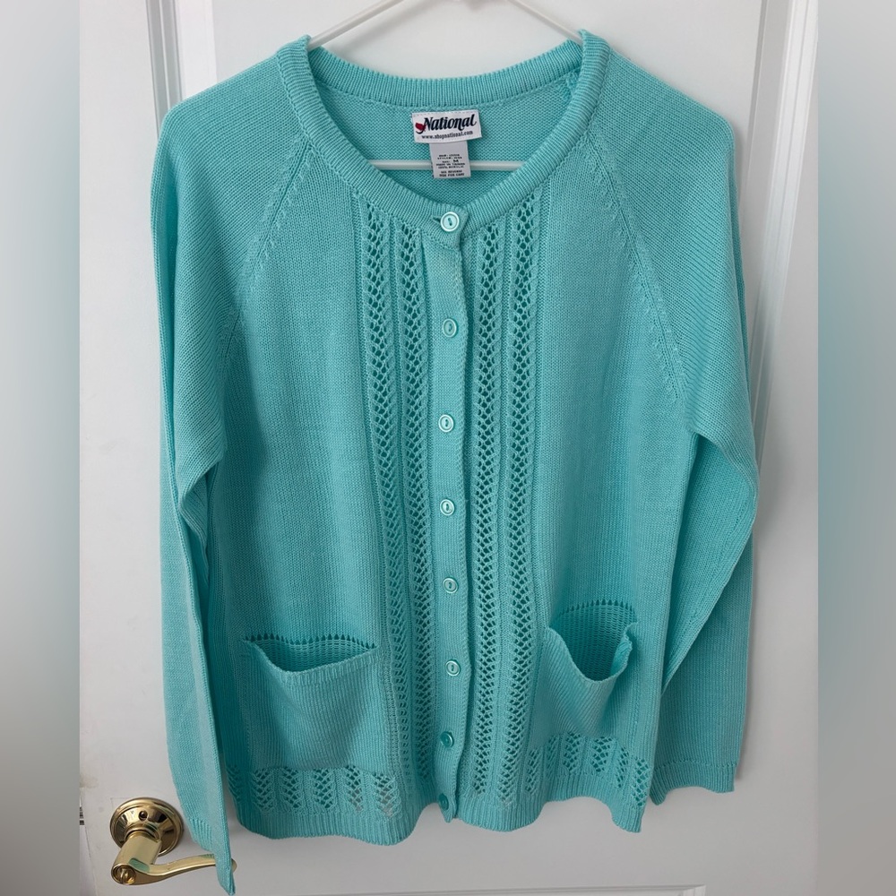 Vintage National Light Cerulean Blue Button Down Knit Cardigan Sweater M